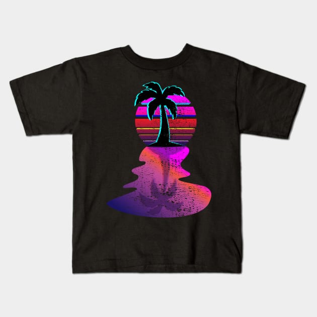 Vintage Style Distressed Palm Tree Sunset Oasis Design Kids T-Shirt by Brobocop